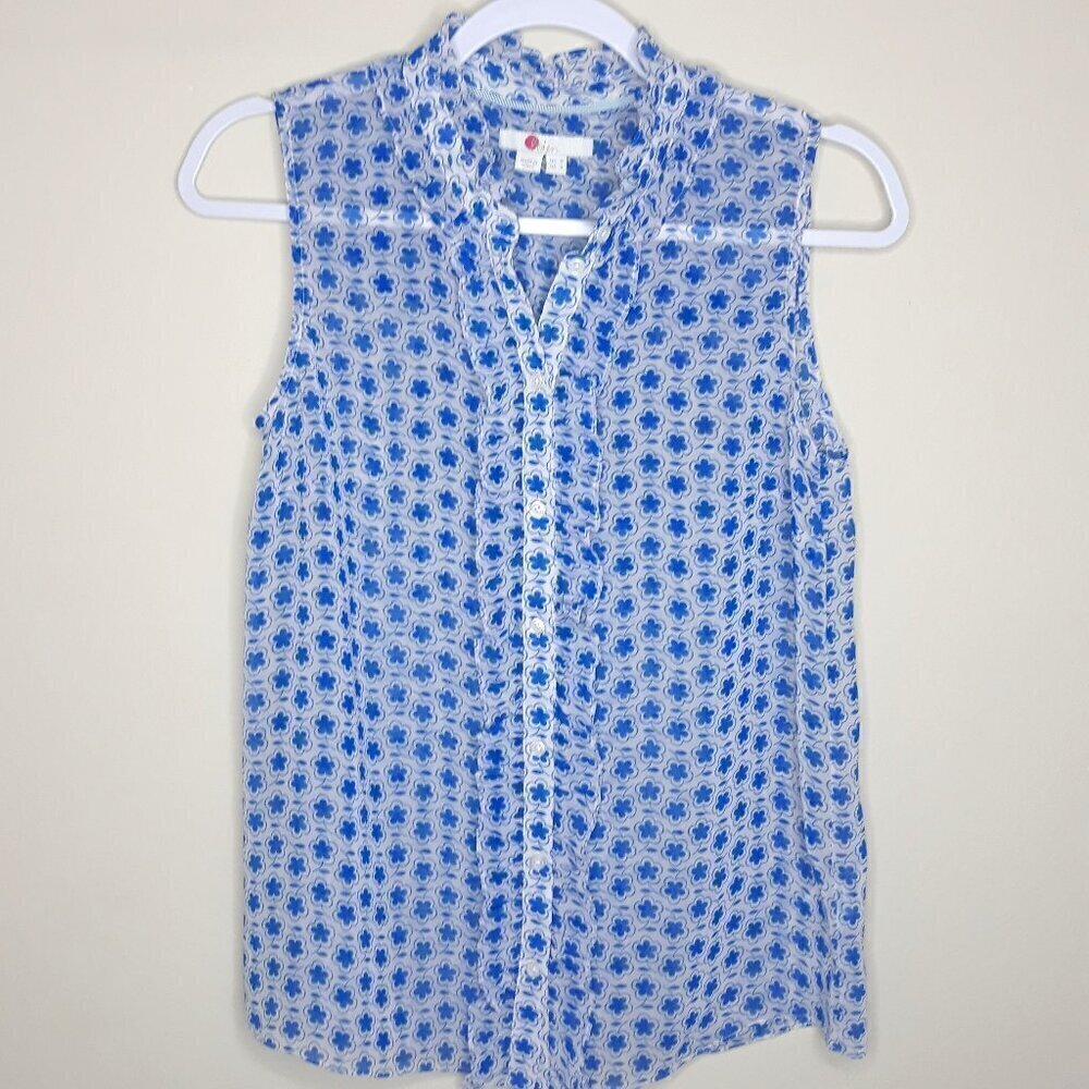 Boden Blue White Floral Print Sleeveless Button Down Blouse Top Size 4